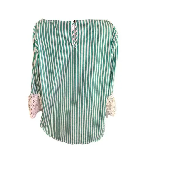 Liz Claiborne Green & White Striped Blouse W/ Lace Cuff Detail M Cotton Blend - Picture 3 of 9
